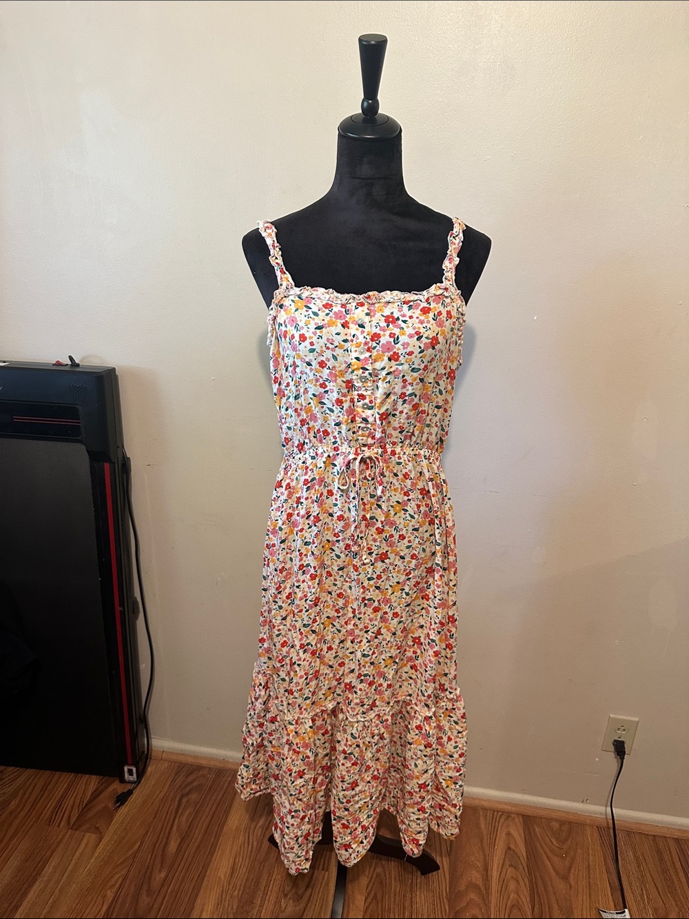 Indigo Rose White Multicolor Floral Tie-Waist Ruffle Spaghetti Strap Maxi Dress